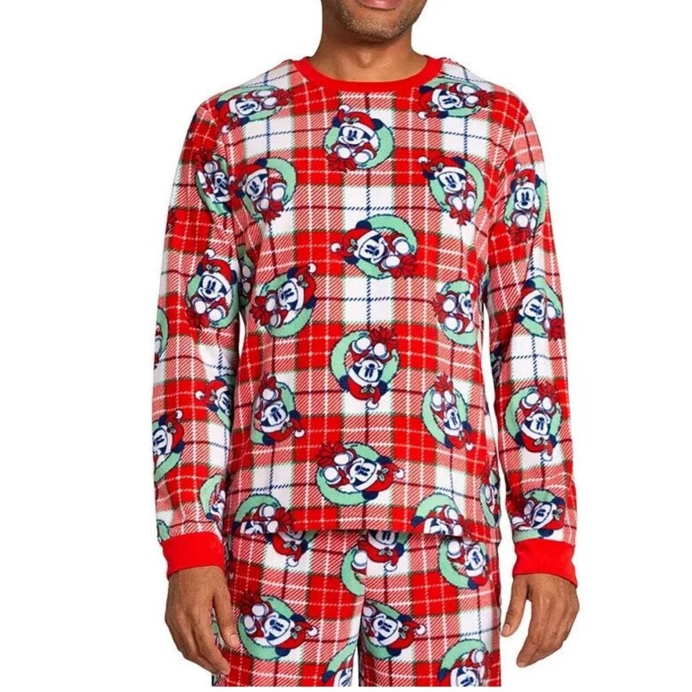 Briefly Stated Men's Mickey Mouse Fleece Pajama Top, Red Plaid, Small